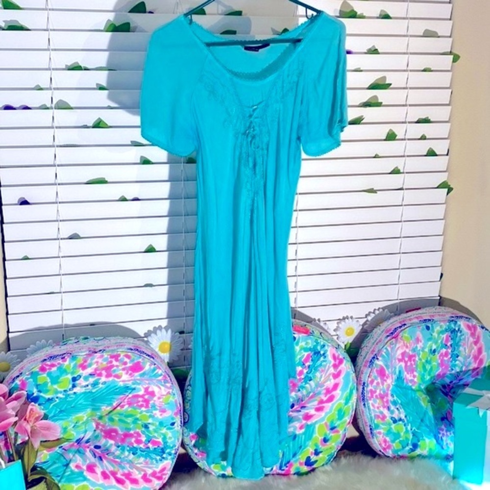 SR Fashion aqua blue bohemian peasant style dress